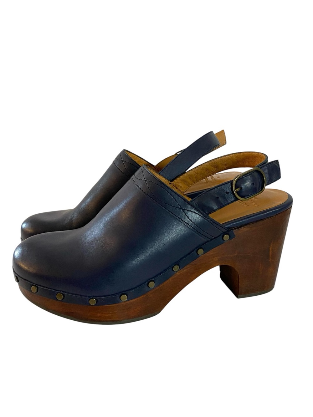 Sezane Taylor Clogs Size 10 Navy Blue Leather French Cottagecore Prairie Boho - Picture 4 of 10